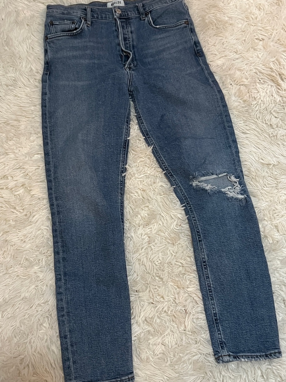 Agolde Dark Blue Ripped Button Up Skinny Jeans